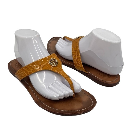 Tory Burch Brown Leather Thora Flat T-Strap Sandals Size 8 Women’s - Picture 1 of 8